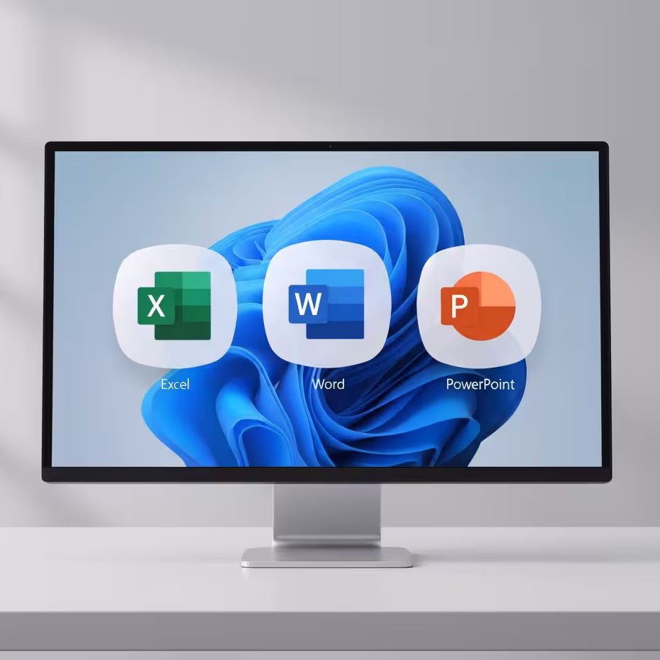 Un écran d'ordinateur affichant les logiciels bureautiques de Microsoft Word - Excel - PowertPoint